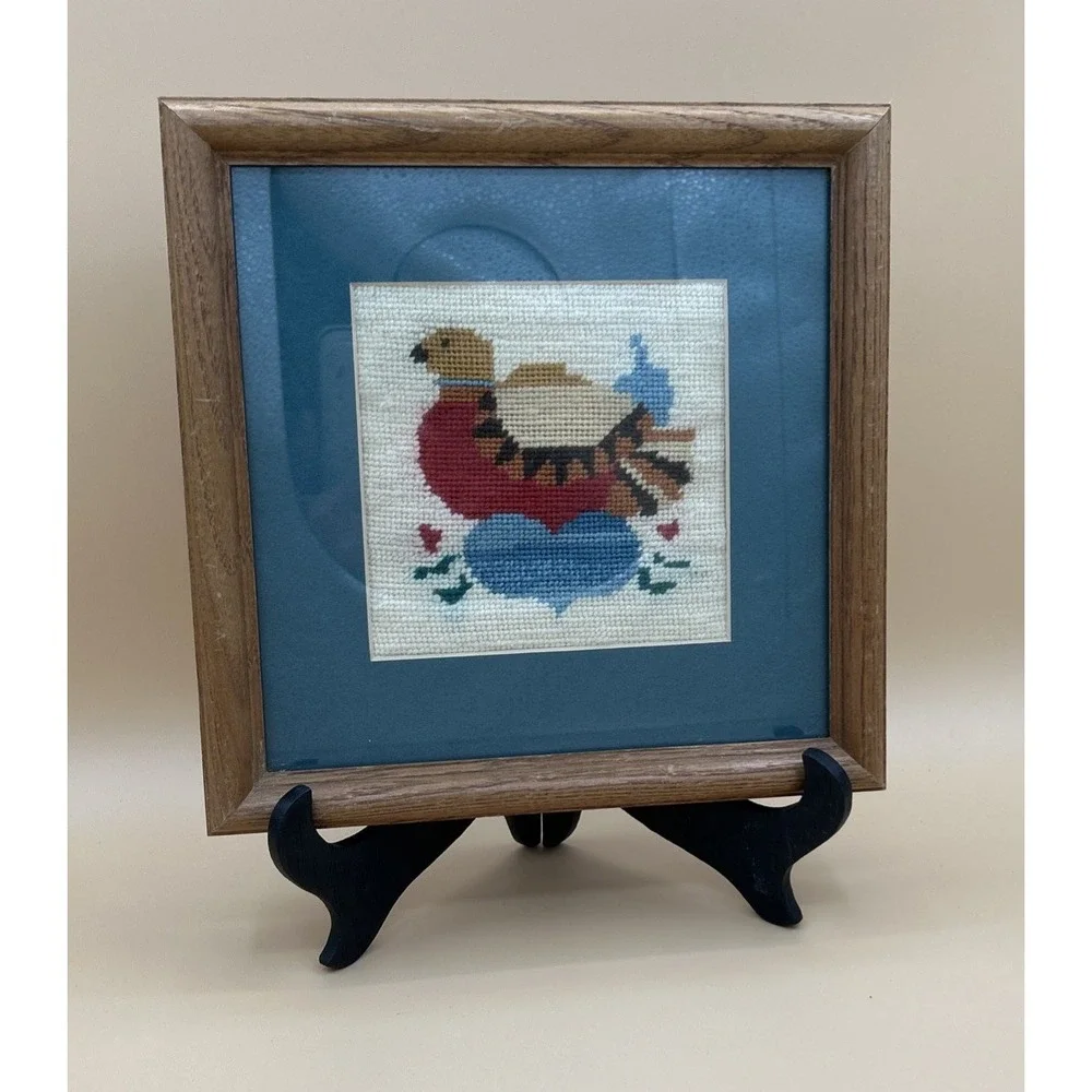 Vintage Cross Stitch Love Dove Bird 80s Teal Heart Framed Wood Wall Art 9